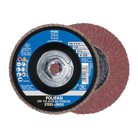 4-1/2 X 5/8-11 Thd. POLIFAN® Flap Disc - A SG STEELOX, Aluminum Oxide, 120 Grit, Flat